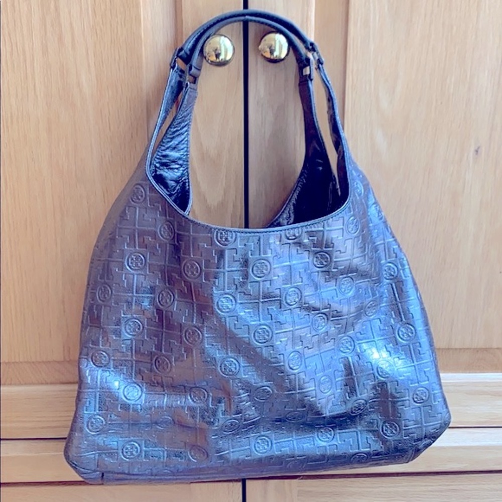 TORY BURCH PEWTER HOBO BAG - LOGO
